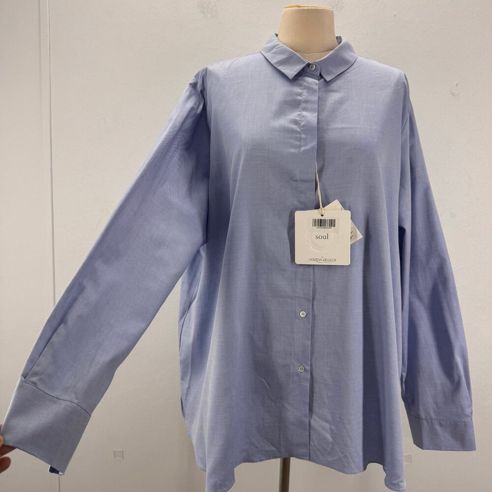 NWT Marina Rinaldi Button Up Cotton Poplin Shirt Blue US 22 Preppy Career Luxury